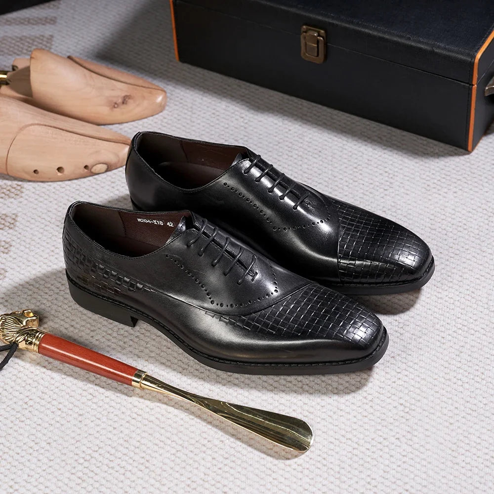 Men's Genuine Leather Oxfords Fashion Pointed Toe Wedding Party Dress Shoes Luxury Lace-Up Office Career Formal