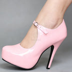 Women Pink Patent Leather High Heels Sexy Side Cut Out Ankle Strap Ultra Thick Platform Stiletto Pumps Lolita Cosplay SSize 5-15