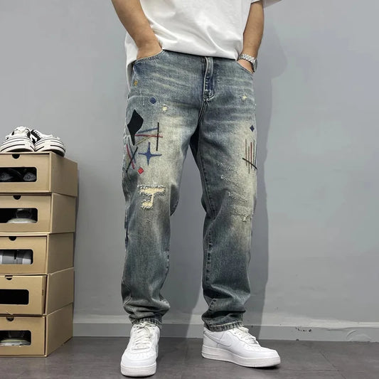Trendy Edgy And Stylish Men's Jeans With Patchwork Embroidery And Prints Loose-fitting Straight Leg
