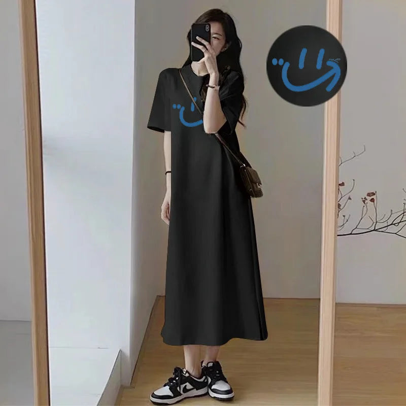 Arabic Print Side Split Long T Shirt Dress Women Loose Short Sleeve Oversized Casual Maxi Loungewear Dress