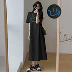 Arabic Print Side Split Long T Shirt Dress Women Loose Short Sleeve Oversized Casual Maxi Loungewear Dress