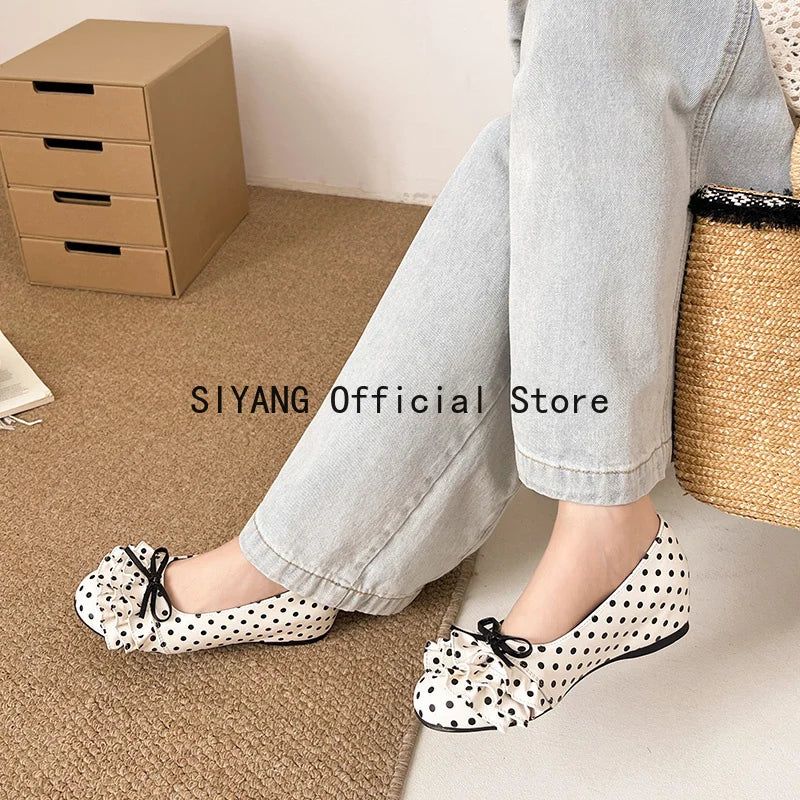 Polka Dot Mary Jane Shoes Women Sweet Ruffle Internal Elevation Shoes Ladies Soft Sole Slip On Daily Comfort Dress Footwear