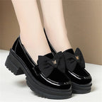 Spring Women British Style Shallow Patent Leather Black Loafers Thick Bottom Bow Platform Shoes 2024 Med Heels Single Pumps