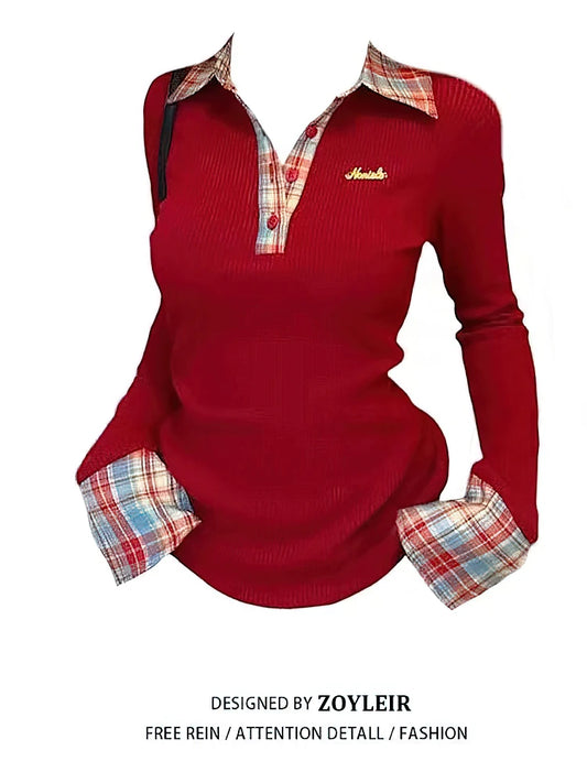 Preppy Polo Neck Plaid Long Sleeve Layered T Shirt Women Fake Two-piece Basic Top V Neck Button Blouses Tees Embroidery