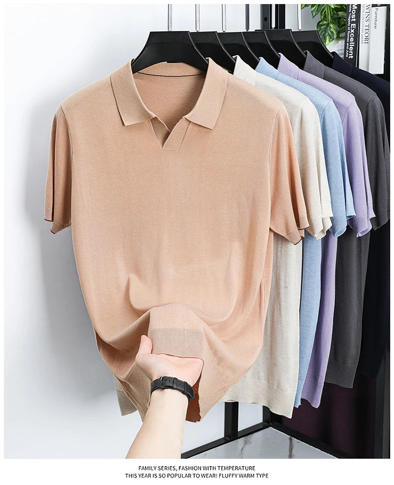 100%  Lyocell Knitwear 2025 Men Spring Summer Trendy Turn Down Collar Knit Tees Short Sleeve Breathable Knit Tops