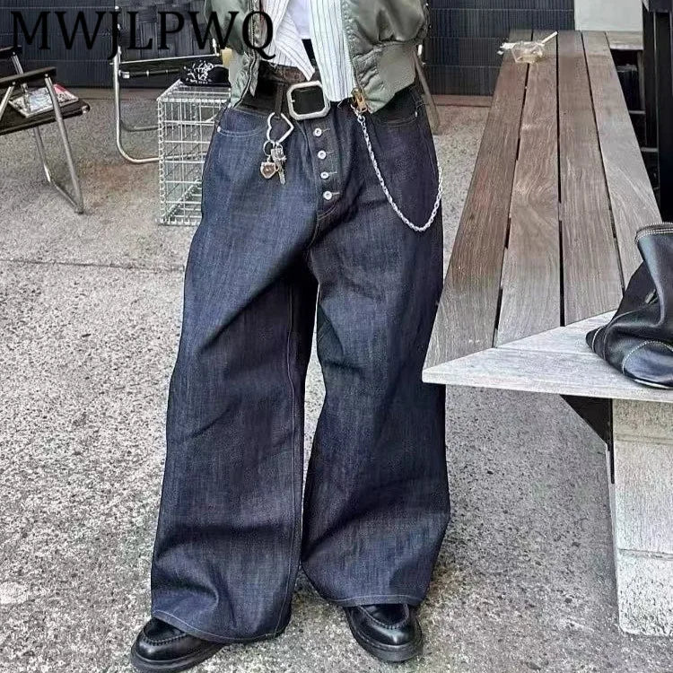 MWJLPWQ Button Design Machete Denim Baggy Jeans Men's High Street Edge Selvedge Niched Hiphop Loose Long Wide Leg Pants 12377