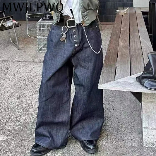 MWJLPWQ Button Design Machete Denim Baggy Jeans Men's High Street Edge Selvedge Niched Hiphop Loose Long Wide Leg Pants 12377