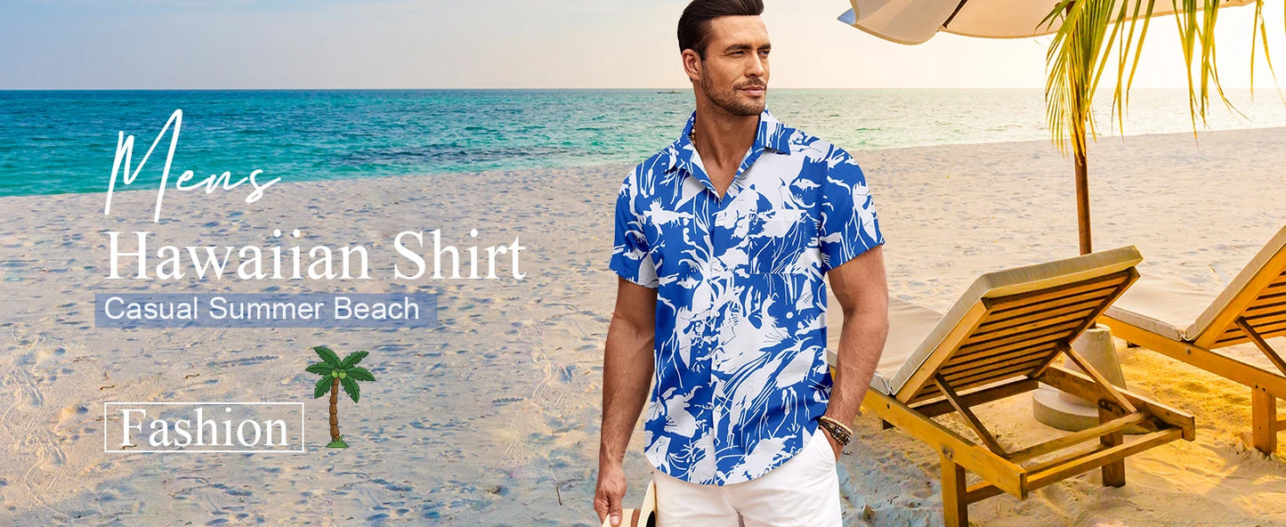 Men's Summer Shirt Vintage Patchwork Printed Button Lapel Short Sleeve Shirt Tropical Vacation T Shirt Fashion Soft Men Clothing