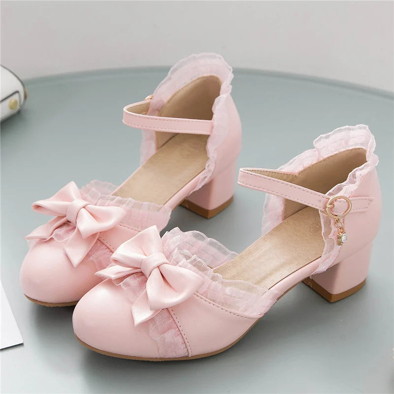 Sweet Japanese Lolita Princess Dance Shoes Girls Cute Bowtied Summer Shoes Round toe White Pink College Pumps Ladies Sandals