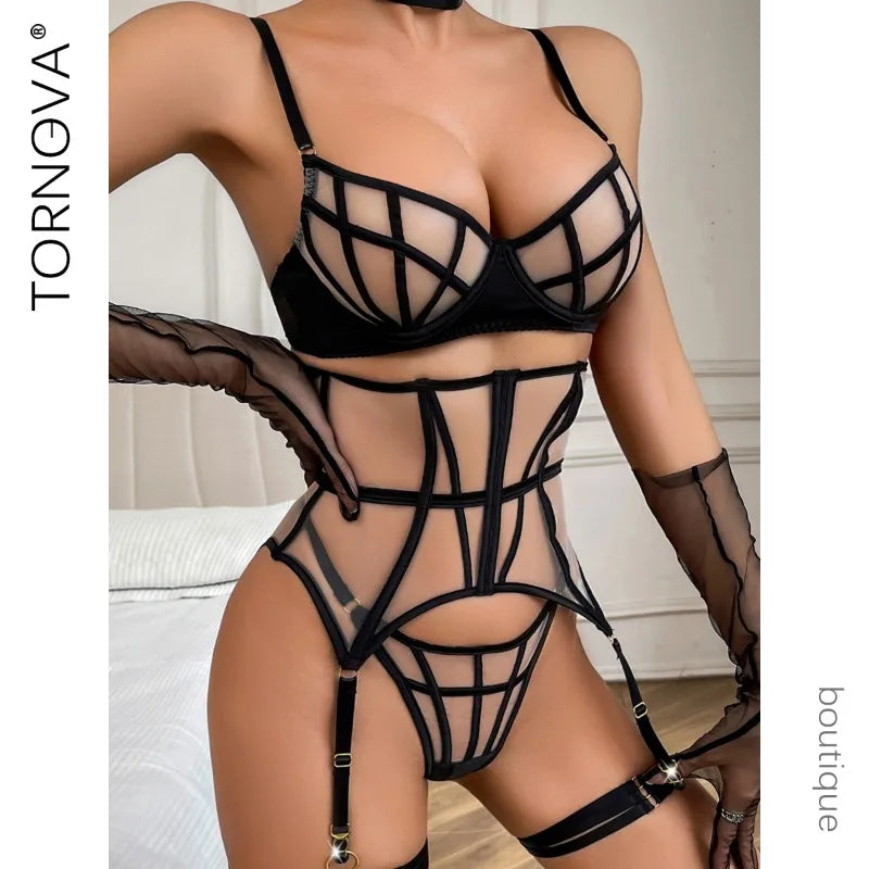 Tornova Sexy Lingerie Suit for Women Solid Color Mesh Patchwork See-through Women's Underwear Suit Sexy Gloves Garters Underwear