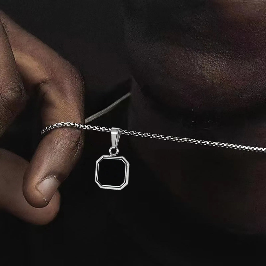 Stylish Men's Black Enamel Necklace,Stainless Steel Geometric Square Small Dogtags Necklace,Anniversary Birthday Father Gift