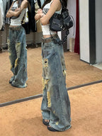 Women's Light Blue Distressed Wide Leg Jeans High Waist Heavy Ripped Vintage Y2K Baggy Denim Pants