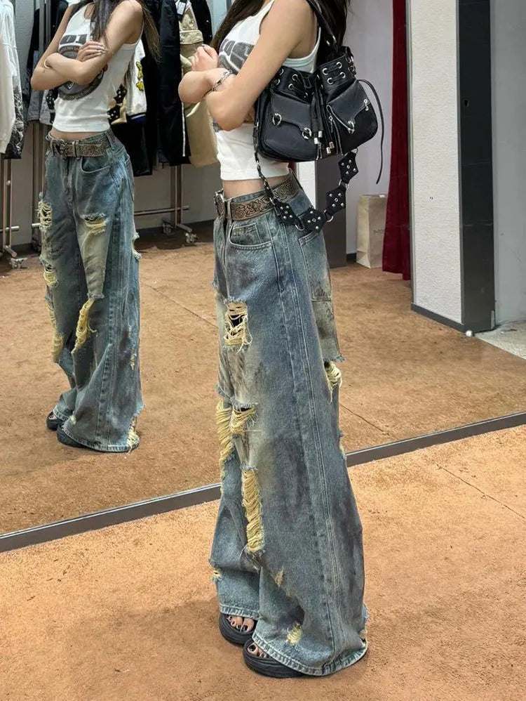 Women's Light Blue Distressed Wide Leg Jeans High Waist Heavy Ripped Vintage Y2K Baggy Denim Pants
