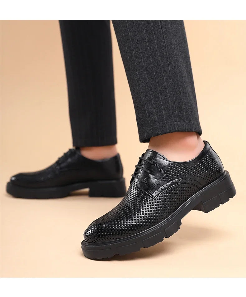 New Men Hollow Summer Platform High Heel 5/8/10 CM Height Growth Formal Men Derby Leather Shoes Man Wedding Dress Shoes Elevator