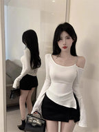 Pure And Elegant Irregular-necked Off-the-shoulder Tight T-shirt For Women