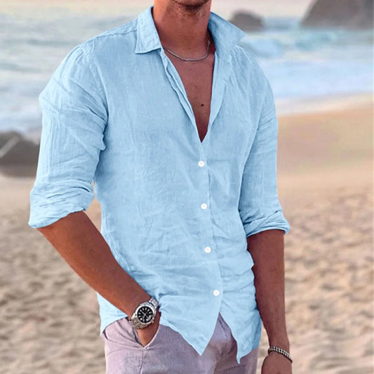 New Men's Shirt Cotton linen Fashion Casual Polo Neck Beach Shirt Long Sleeve Solid Hawaiian Holiday Shirts