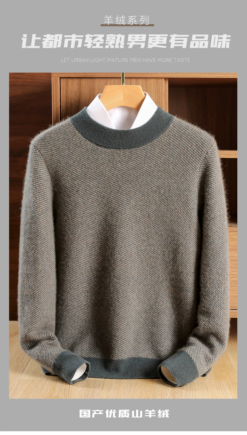 100% pure cashmere men's high-end brand semi-high neck thickened business casual autumn and winter mid-high neck base sweater