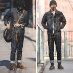 Maden Men's 14oz Raw Selvedge Denim Jeans Vintage Straight Fit Horsehide Leather Patch Paris Buckle Jeans for Autumn and Winter