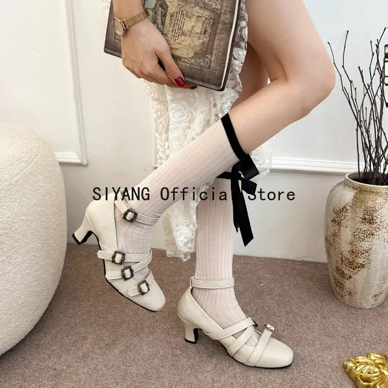 Sweet Lolita Cross Buckle Strap Women Mary Jane Shoes Fashion Multi Metal Buckle Shoes Retro Wedding Party Dress Ladies Pumps