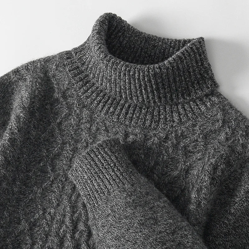 Fall/Winter 100% Wool Men's Turtleneck Thicken Sweater Jacquard Solid Cashmere Knitted Bottom Shirt