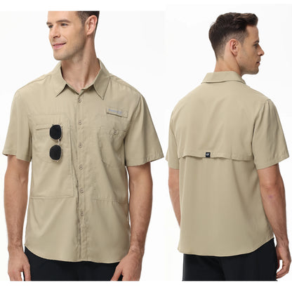 Summer Men's UPF 50+ Fishing Shirts, Lightweight Breathable Short Sleeve Cargo Shirt, Button Down Tactical Shirts Workout