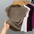 Women's New Sleeveless T-shirt Trendy Fashion Casual Slim Fit Summer Round Neck Ribbed Solid Color Cool Thin Base Top