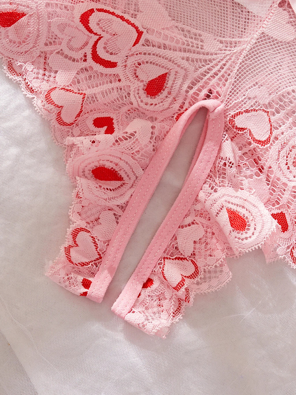 Ladies Love Contrast Pink Lace Lingerie Set Women Sheer Bra & Brief Sets Sexy Crotchless Panties Intimates Underwear For Women