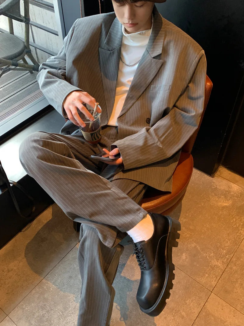 Spring Summer New Fashion Men's Korean Striped 2-piece Set Suits Blazers Pants Casual Trendy Straight Business Suit Male Sets