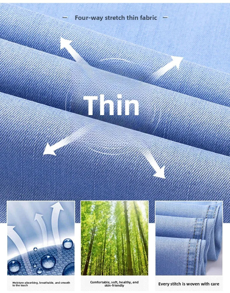 2026 Spring Summer 70% Lyocell Jeans Regular Fit Straight Ice Silk Style Business Casual Light Blue Stretch Cotton Denim