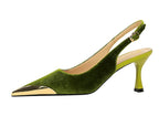 Elegant Women Green High Heel Velvet Pumps Wedding Party Slingback Sandals Metal Pointed Toe Hollow Buckle Wine Red Shoes