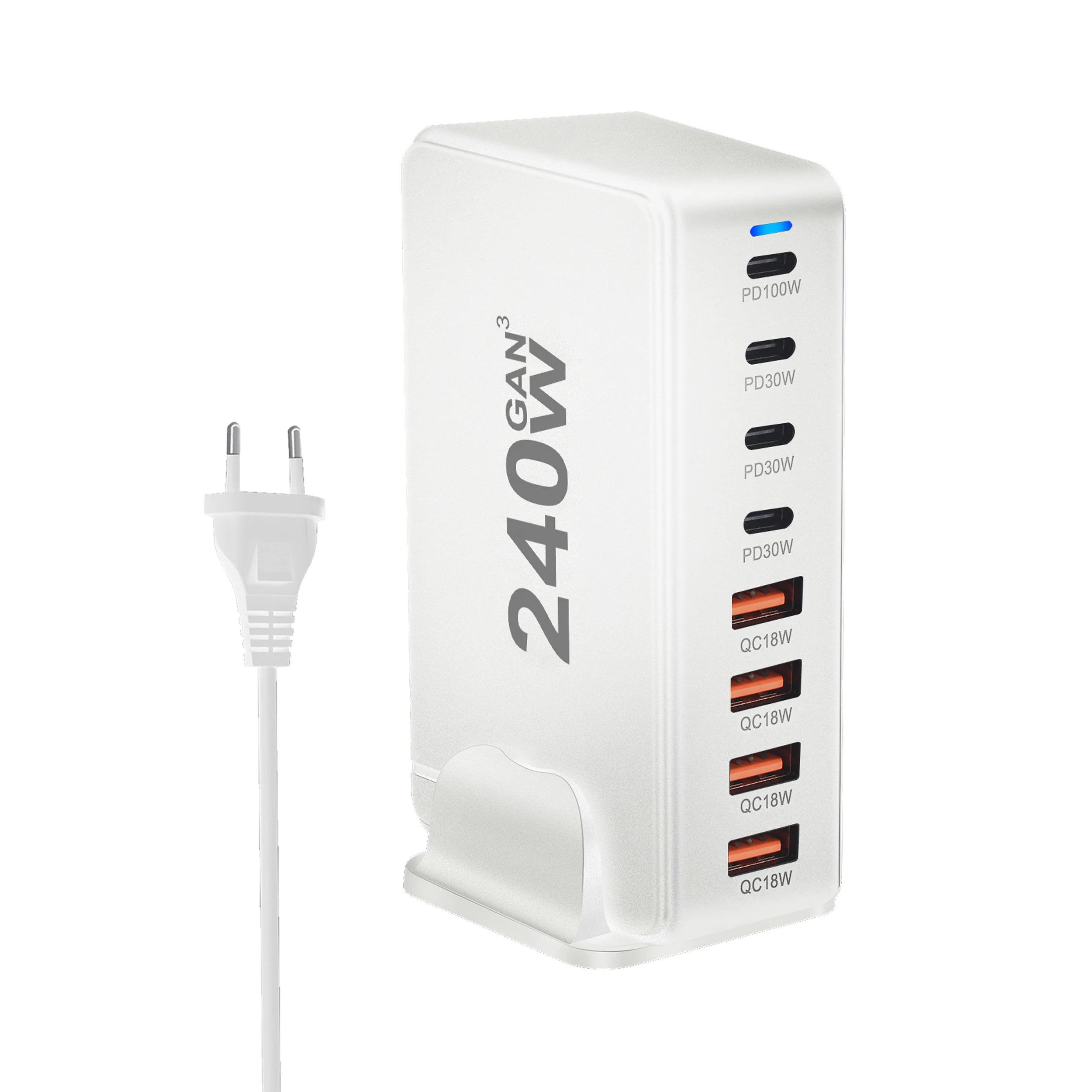 240W GaN desktop charger with 8 USB-C ports, supports PD 3.0 fast charging and is compact & portable