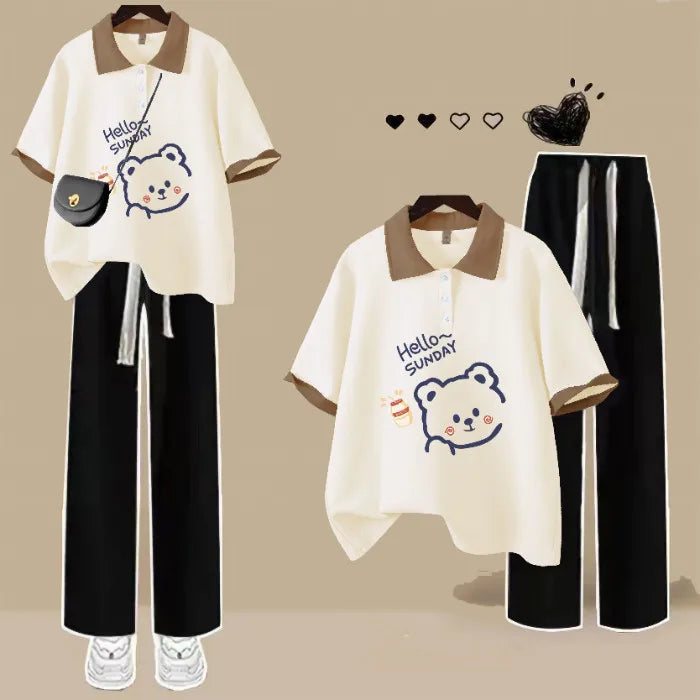 Fashion Polo Neck Short Sleeved T-shirt Cute Teddy Bear Loose Top Women Casual Tee