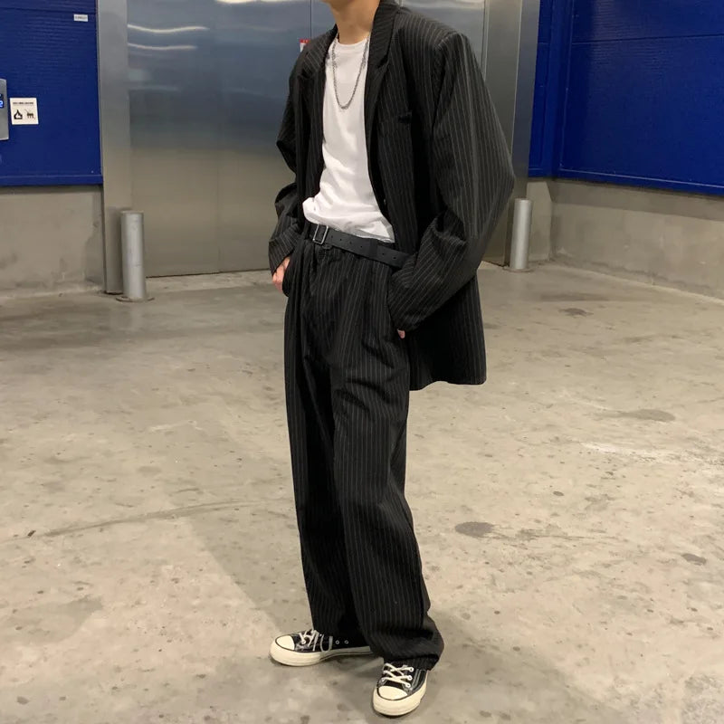 Spring Summer New Fashion Men's Korean Striped 2-piece Set Suits Blazers Pants Casual Trendy Straight Business Suit Male Sets