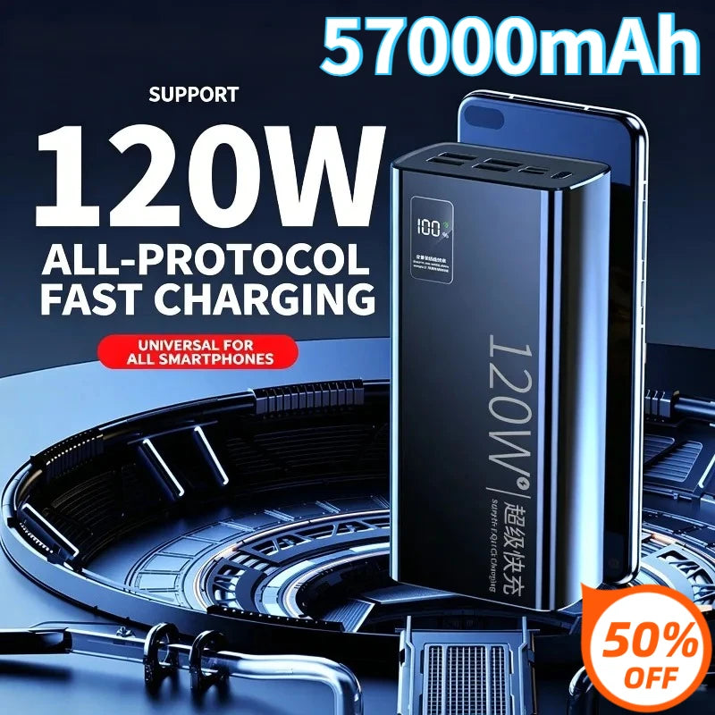 57000mAh 120W High Capacity Power Bank for IPhone Xiaomi and Huawei Mobile Phones Super Fast Charging Type-C PowerBank (CCC)