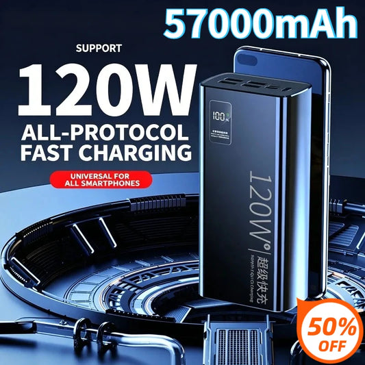 57000mAh 120W High Capacity Power Bank for IPhone Xiaomi and Huawei Mobile Phones Super Fast Charging Type-C PowerBank (CCC)
