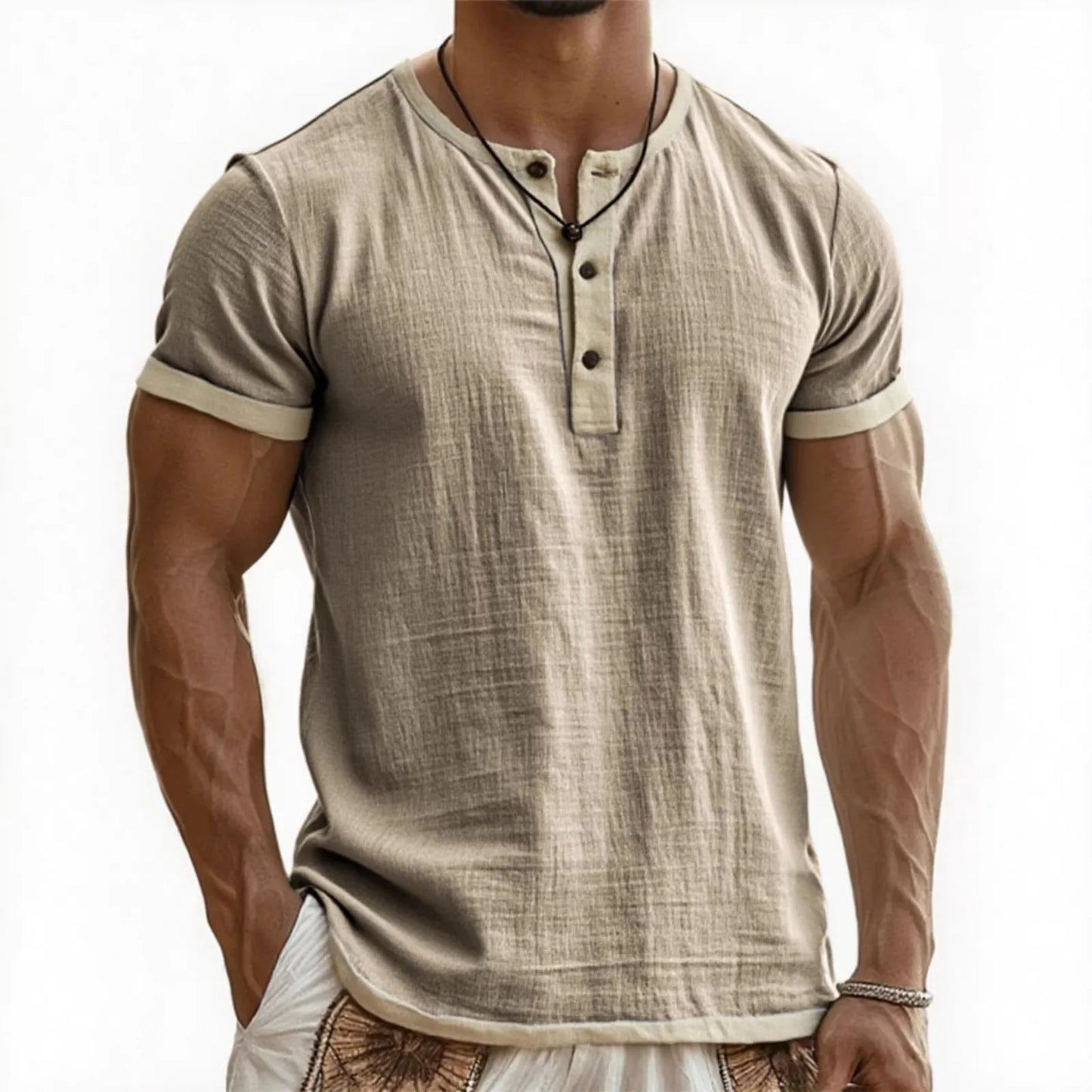 Summer New Men's Cotton Linen Shirt Casual Contrast Trim Short Sleeve Top Breathable Comfort Slim Fit Sports Casual Shirt