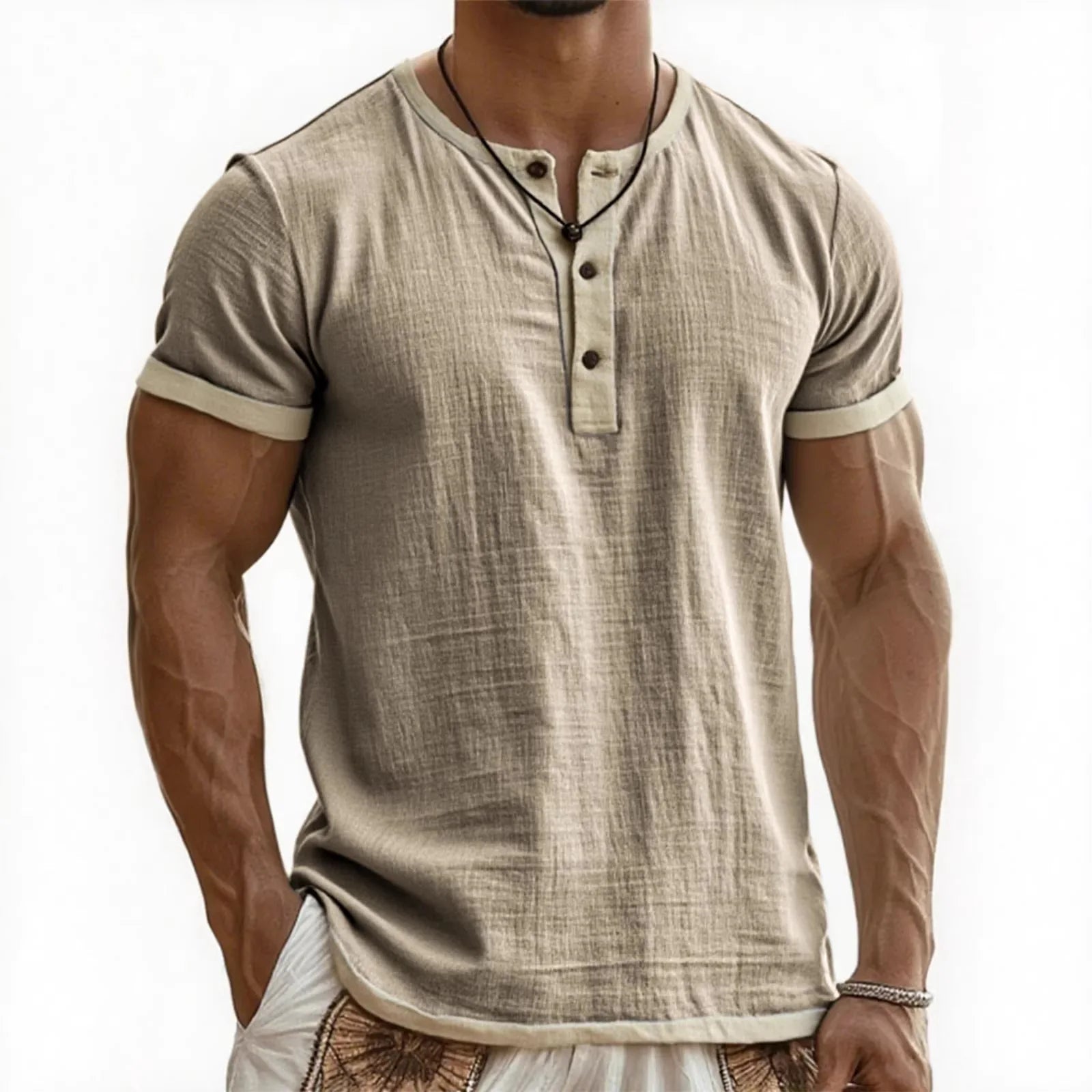 Summer New Men's Cotton Linen Shirt Casual Contrast Trim Short Sleeve Top Breathable Comfort Slim Fit Sports Casual Shirt