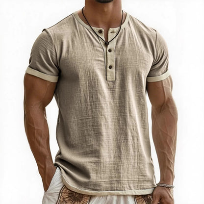 Summer New Men's Cotton Linen Shirt Casual Contrast Trim Short Sleeve Top Breathable Comfort Slim Fit Sports Casual Shirt