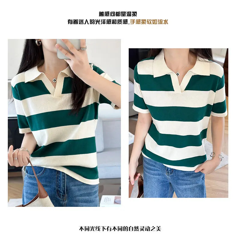 WinvyNee Summer Half Sleeved Women's Solid Polo Shirt Casual Cotton Striped Top T-shirt Women Clothing Casual Knitted A1002022