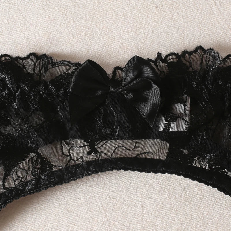 Krasapt Black Bow Embroidery See-Through Woman Lingerie 3Pcs Sexy Romantic Female Bra And Panty Garters Sets Exotic Onlyfans Kit
