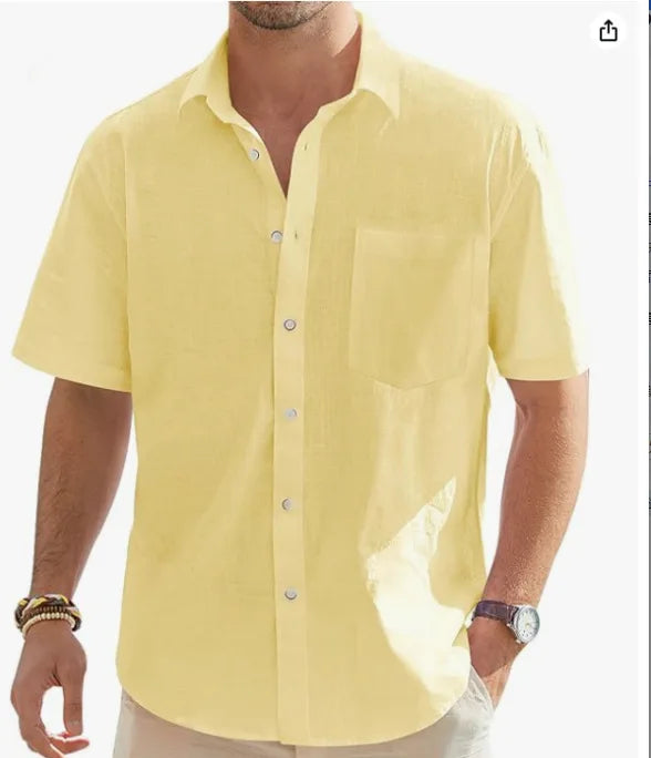 Men's Cotton Linen Short Sleeve Shirt Casual Button Down Shirt with Pocket Summer Beach Breathable Loose Tops Large size S-6XL