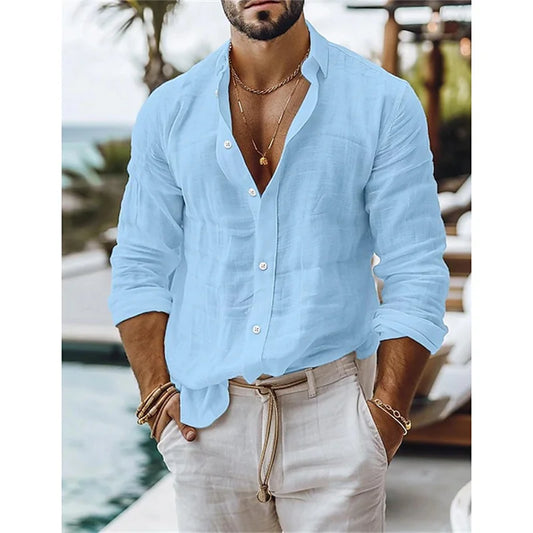 Men's linen shirt, summer shirt, cotton-linen blend button shirt, solid color vacation casual shirt, blue, white, black, pink
