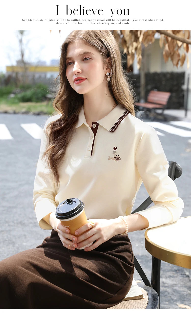 I BELIEVE YOU Polo Neck Long Sleeved T-shirt for Women Autumn 2025 Apricot Casual Tees Contrast Color Embroidery Top 2253016181