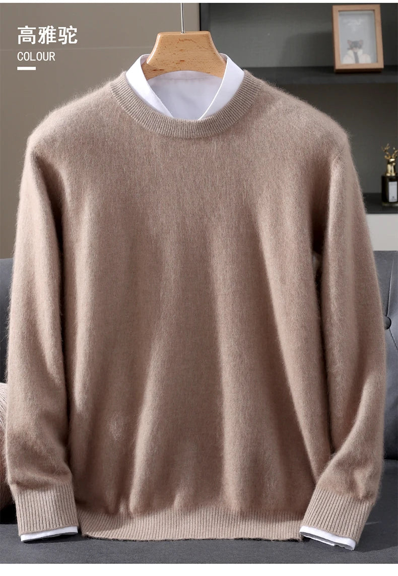 Autumn Winter 100% Mink Cashmere Sweater Men's Round Neck Pullover Loose Solid Color Plus Size Base Knit Business Casual Sweater