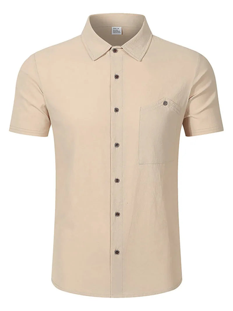 Men's Linen Blend Short Sleeve Button Down Shirt Casual Beach Top with Chest Pocket Breathable Lightweight Summer Shirts for Men