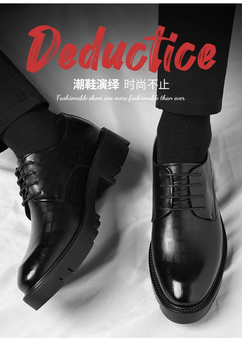 Men's Thick-Soled Low-Cut Business Formal Leather Shoes With Lace-Up Height Increase Groom's Wedding Shoes With Suit Shoes