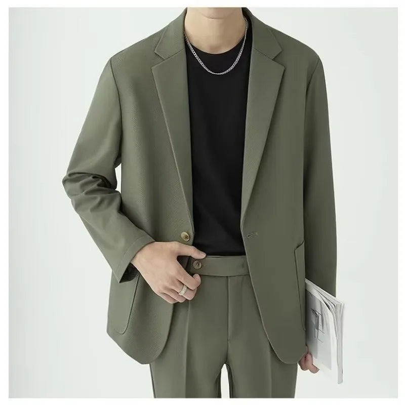 KIDWHXR Men 2-piece Outfit Loose Single-breasted Blazer Male Straight-leg Pant Man Korean Simple Solid Business Casual Suit Set