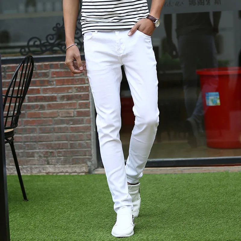 Men's Solid Color Jeans Slim Fit Small Leg Casual Classic White Black Spring Summer Thin Version