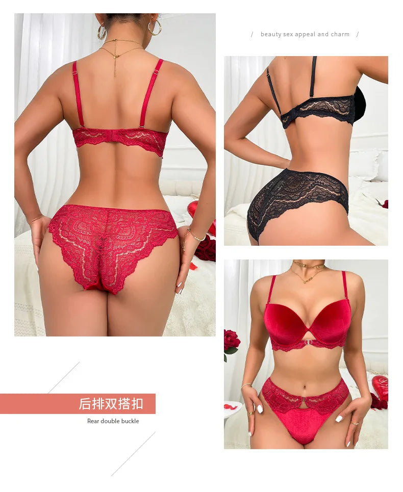 Autumn and Winter Velvet Bra Set Women's French Lace Patchwork Underwear Sexy Soft Steel Ring Ultrathin Lingerie Suit
