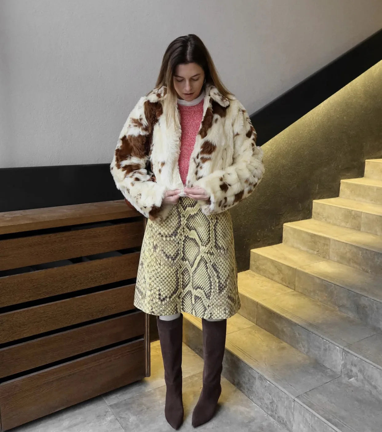 Tossy Snakeskin Printed Fashion Skirt Women's High Waist Slim Contrast Patchwork Commute Streetwear Female Vintage Y2k Skirt